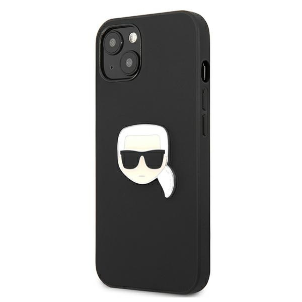 Puzdro KARL LAGERFELD Apple iPhone 13 Mini kožené Ikonik Karl`s Head kovové čierne pevné puzdro
